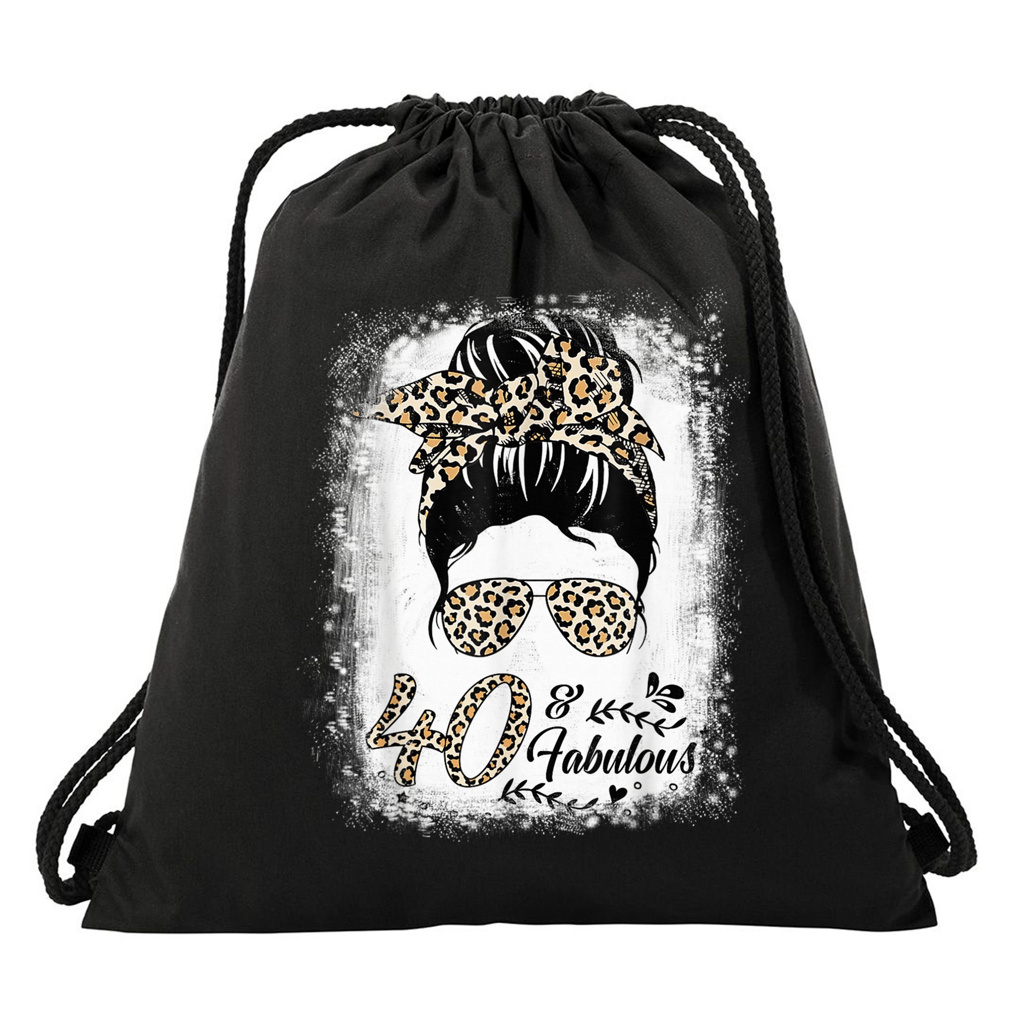 40 Years Old Fabulous Messy Bun Leopard 40th Birthday Drawstring Bag