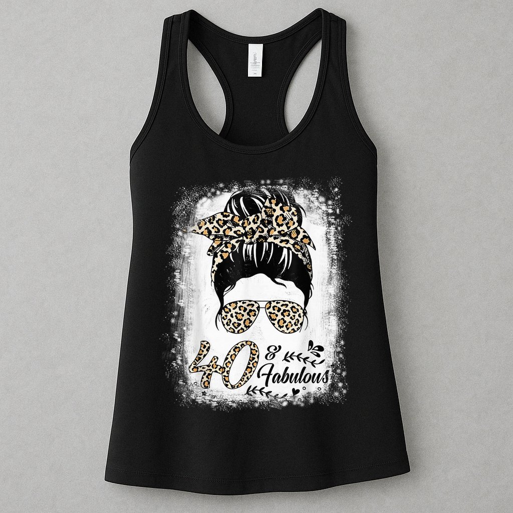 40 Years Old Fabulous Messy Bun Leopard 40th Birthday Womens Tank Top