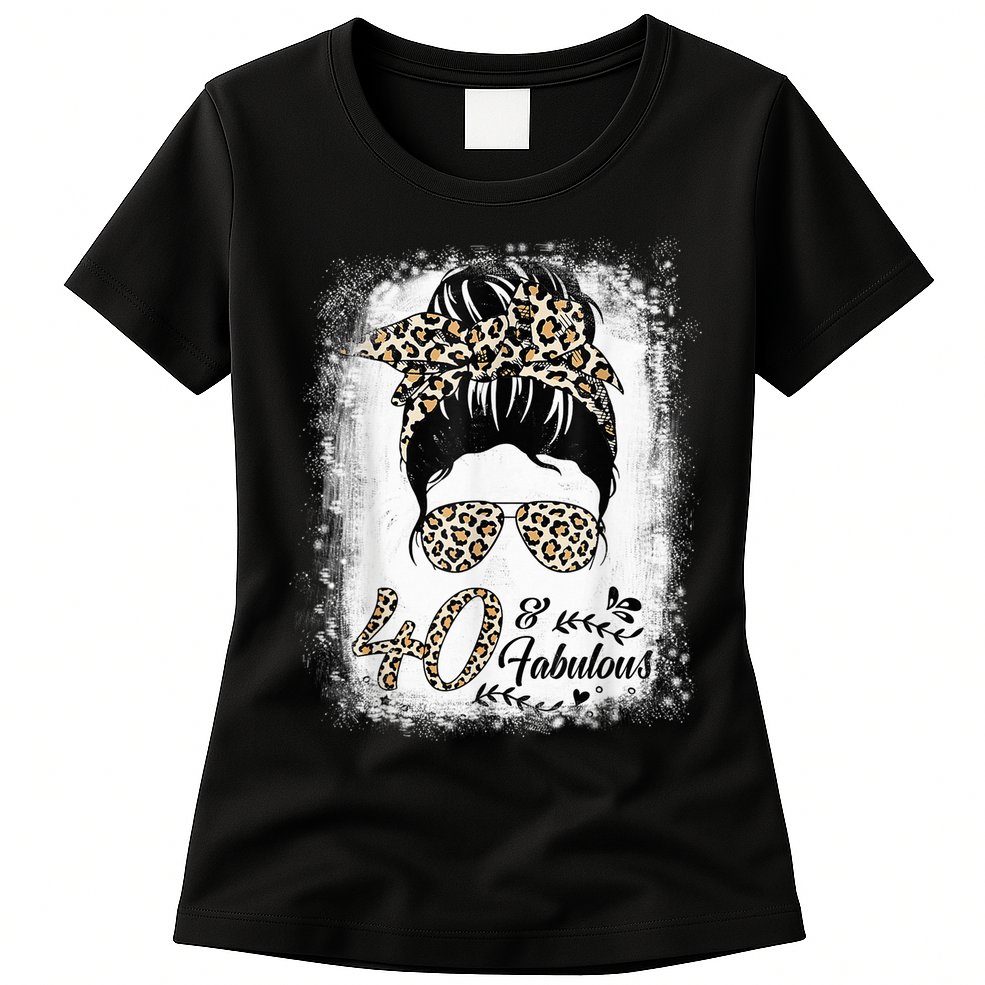 40 Years Old Fabulous Messy Bun Leopard 40th Birthday Womens T-Shirt