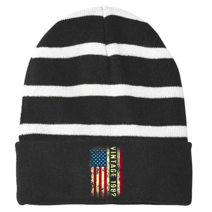 41 Year Old Gifts Vintage 1982 American Flag 41th Birthday Striped Beanie with Solid Band