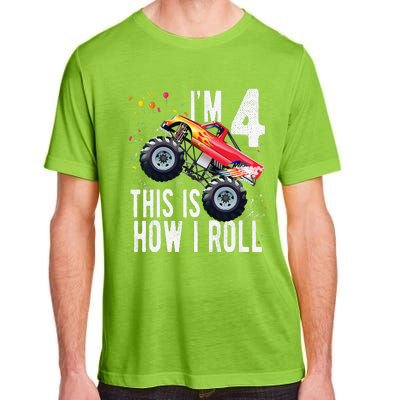 4 Year Old 4th Birthday Boy Monster Truck Car. Adult ChromaSoft Performance T-Shirt