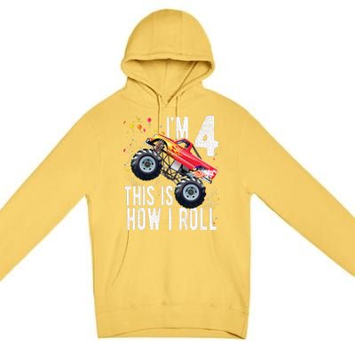 4 Year Old 4th Birthday Boy Monster Truck Car. Premium Pullover Hoodie