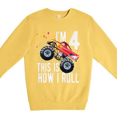 4 Year Old 4th Birthday Boy Monster Truck Car. Premium Crewneck Sweatshirt