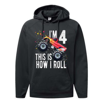 4 Year Old 4th Birthday Boy Monster Truck Car. Performance Fleece Hoodie