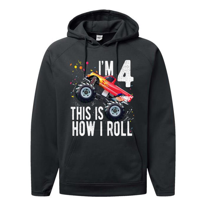 4 Year Old 4th Birthday Boy Monster Truck Car. Performance Fleece Hoodie