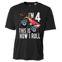 4 Year Old 4th Birthday Boy Monster Truck Car. Cooling Performance Crew T-Shirt