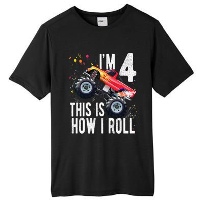 4 Year Old 4th Birthday Boy Monster Truck Car. Tall Fusion ChromaSoft Performance T-Shirt