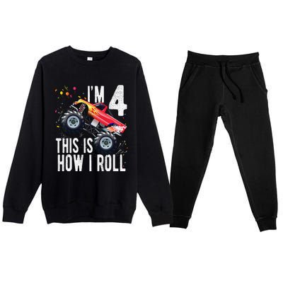 4 Year Old 4th Birthday Boy Monster Truck Car. Premium Crewneck Sweatsuit Set