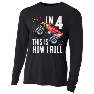 4 Year Old 4th Birthday Boy Monster Truck Car. Cooling Performance Long Sleeve Crew