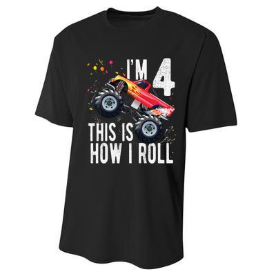 4 Year Old 4th Birthday Boy Monster Truck Car. Performance Sprint T-Shirt