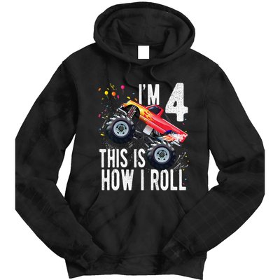 4 Year Old 4th Birthday Boy Monster Truck Car. Tie Dye Hoodie