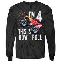 4 Year Old 4th Birthday Boy Monster Truck Car. Tie-Dye Long Sleeve Shirt