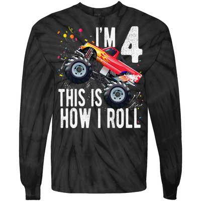 4 Year Old 4th Birthday Boy Monster Truck Car. Tie-Dye Long Sleeve Shirt