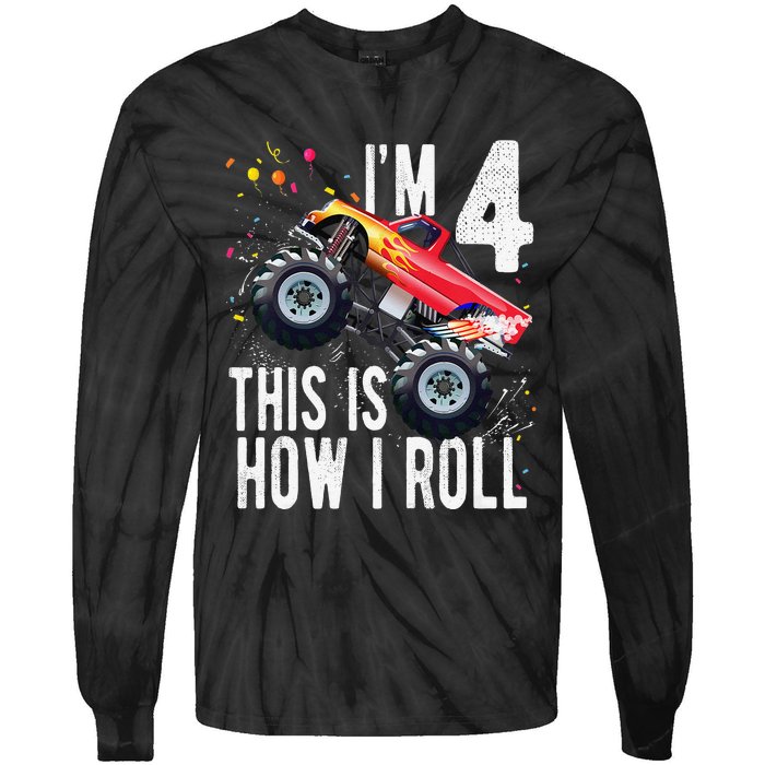 4 Year Old 4th Birthday Boy Monster Truck Car. Tie-Dye Long Sleeve Shirt