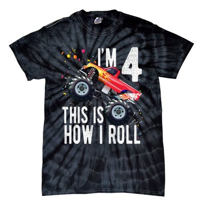 4 Year Old 4th Birthday Boy Monster Truck Car. Tie-Dye T-Shirt