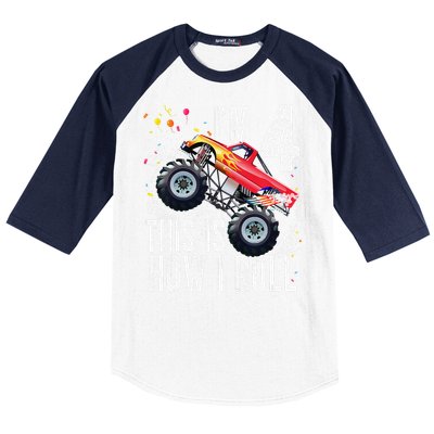 4 Year Old 4th Birthday Boy Monster Truck Car. Baseball Sleeve Shirt