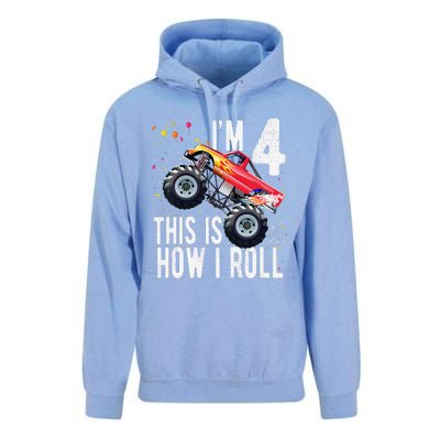 4 Year Old 4th Birthday Boy Monster Truck Car. Unisex Surf Hoodie