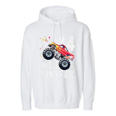 4 Year Old 4th Birthday Boy Monster Truck Car. Garment-Dyed Fleece Hoodie