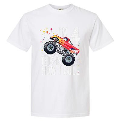 4 Year Old 4th Birthday Boy Monster Truck Car. Garment-Dyed Heavyweight T-Shirt