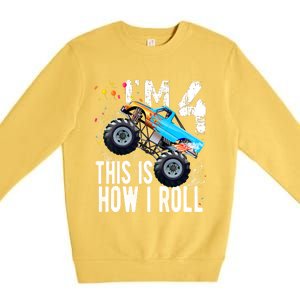 4 Year Old Gift Cool 4th Birthday Boy Gift For Monster Truck Car Lovers Premium Crewneck Sweatshirt