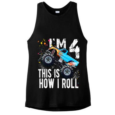 4 Year Old Gift Cool 4th Birthday Boy Gift For Monster Truck Car Lovers Ladies PosiCharge Tri-Blend Wicking Tank