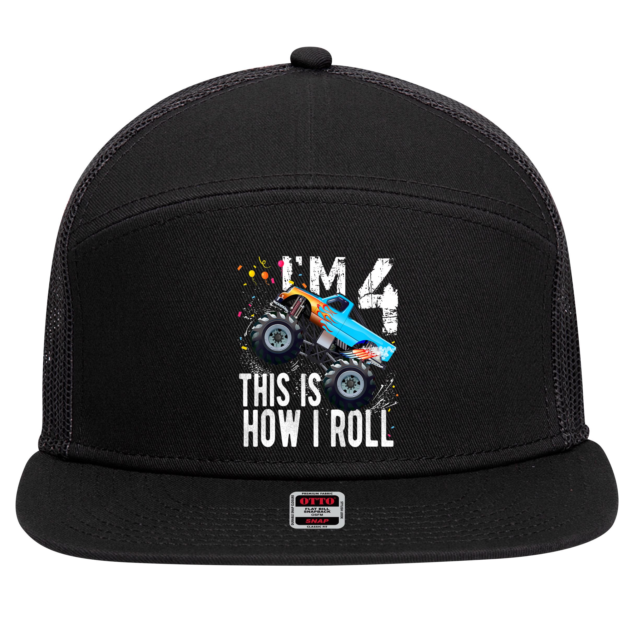 4 Year Old Gift Cool 4th Birthday Boy Gift For Monster Truck Car Lovers 7 Panel Mesh Trucker Snapback Hat
