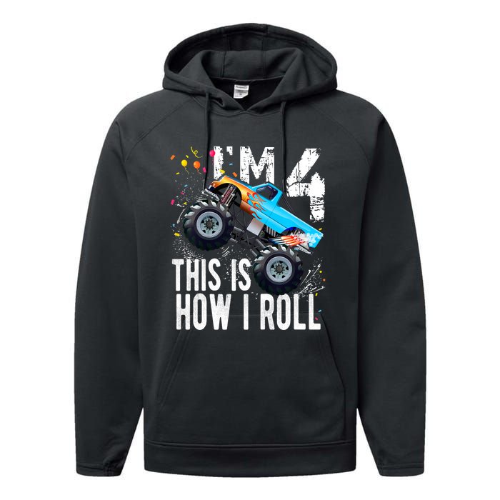 4 Year Old Gift Cool 4th Birthday Boy Gift For Monster Truck Car Lovers Performance Fleece Hoodie