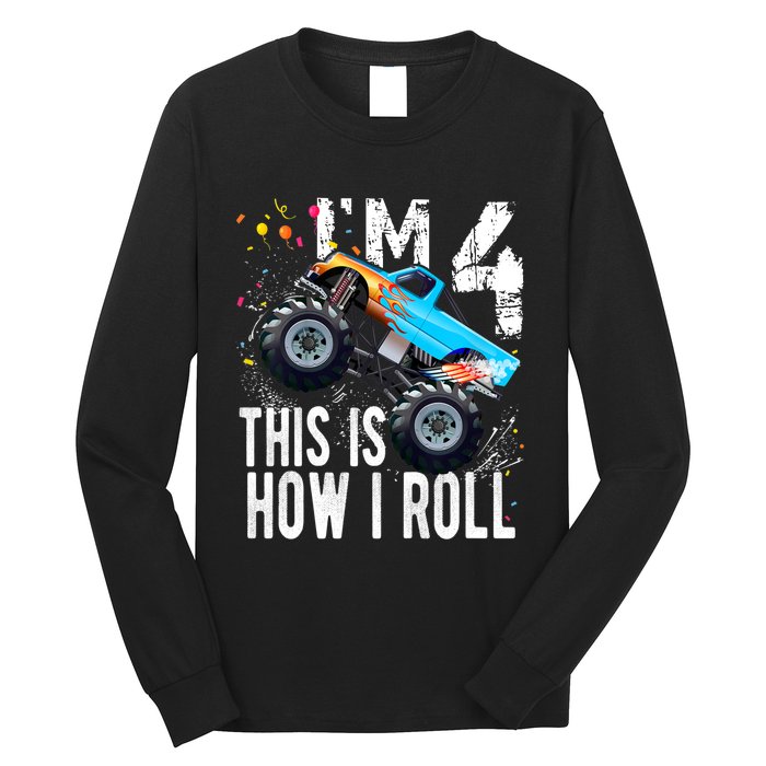 4 Year Old Gift Cool 4th Birthday Boy Gift For Monster Truck Car Lovers Long Sleeve Shirt