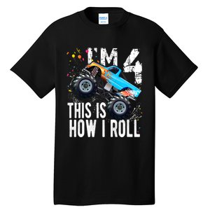 4 Year Old Gift Cool 4th Birthday Boy Gift For Monster Truck Car Lovers Tall T-Shirt