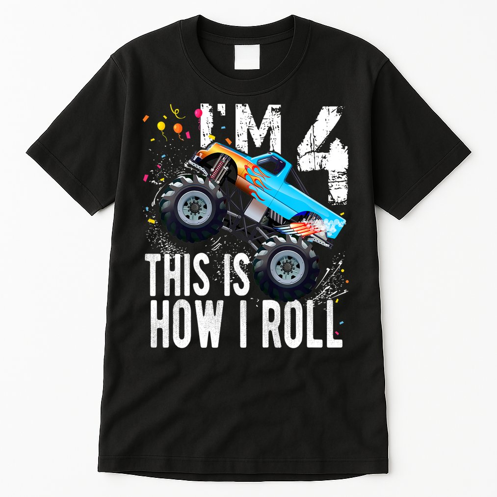 4 Year Old Gift Cool 4th Birthday Boy Gift For Monster Truck Car Lovers Tall T-Shirt