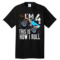 4 Year Old Gift Cool 4th Birthday Boy Gift For Monster Truck Car Lovers Tall T-Shirt