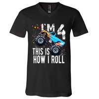 4 Year Old Gift Cool 4th Birthday Boy Gift For Monster Truck Car Lovers V-Neck T-Shirt