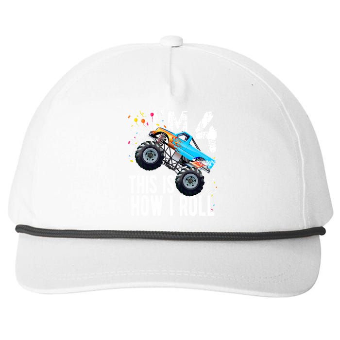 4 Year Old Gift Cool 4th Birthday Boy Gift For Monster Truck Car Lovers Snapback Five-Panel Rope Hat