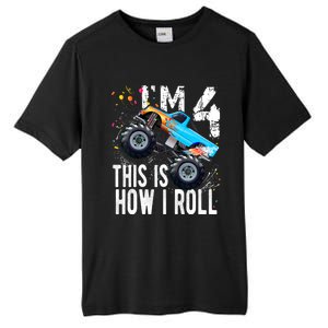 4 Year Old Gift Cool 4th Birthday Boy Gift For Monster Truck Car Lovers Tall Fusion ChromaSoft Performance T-Shirt