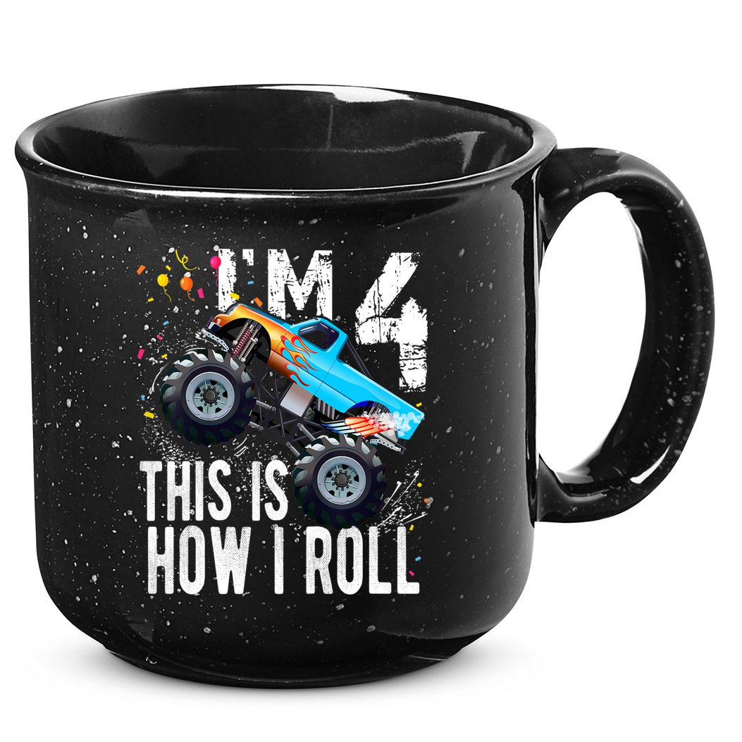4 Year Old Gift Cool 4th Birthday Boy Gift For Monster Truck Car Lovers 15oz Campfire Ceramic Mug