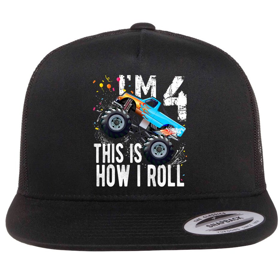 4 Year Old Gift Cool 4th Birthday Boy Gift For Monster Truck Car Lovers Flat Bill Trucker Hat