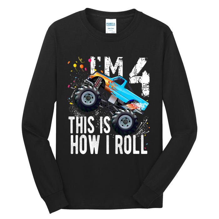 4 Year Old Gift Cool 4th Birthday Boy Gift For Monster Truck Car Lovers Tall Long Sleeve T-Shirt