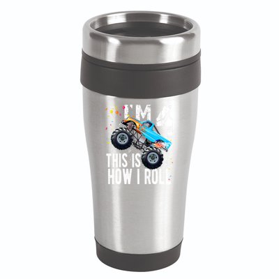 4 Year Old Gift Cool 4th Birthday Boy Gift For Monster Truck Car Lovers 16oz Travel Tumbler