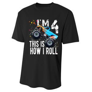 4 Year Old Gift Cool 4th Birthday Boy Gift For Monster Truck Car Lovers Performance Sprint T-Shirt