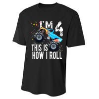 4 Year Old Gift Cool 4th Birthday Boy Gift For Monster Truck Car Lovers Performance Sprint T-Shirt