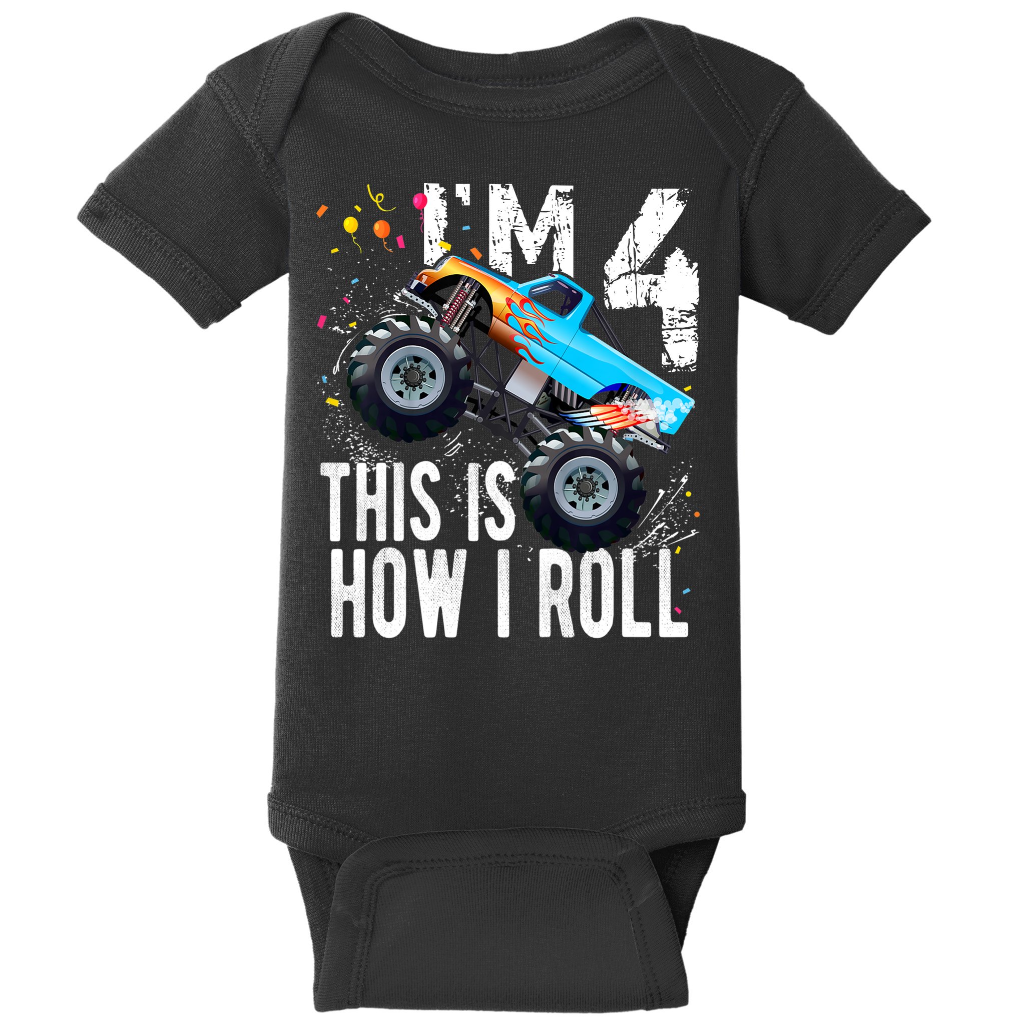 4 Year Old Gift Cool 4th Birthday Boy Gift For Monster Truck Car Lovers Baby Bodysuit