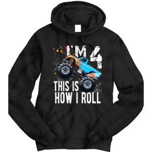 4 Year Old Gift Cool 4th Birthday Boy Gift For Monster Truck Car Lovers Tie Dye Hoodie