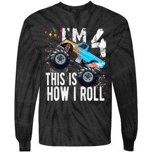 4 Year Old Gift Cool 4th Birthday Boy Gift For Monster Truck Car Lovers Tie-Dye Long Sleeve Shirt