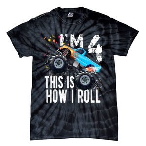 4 Year Old Gift Cool 4th Birthday Boy Gift For Monster Truck Car Lovers Tie-Dye T-Shirt