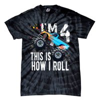 4 Year Old Gift Cool 4th Birthday Boy Gift For Monster Truck Car Lovers Tie-Dye T-Shirt