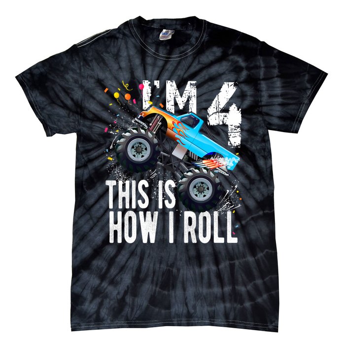 4 Year Old Gift Cool 4th Birthday Boy Gift For Monster Truck Car Lovers Tie-Dye T-Shirt