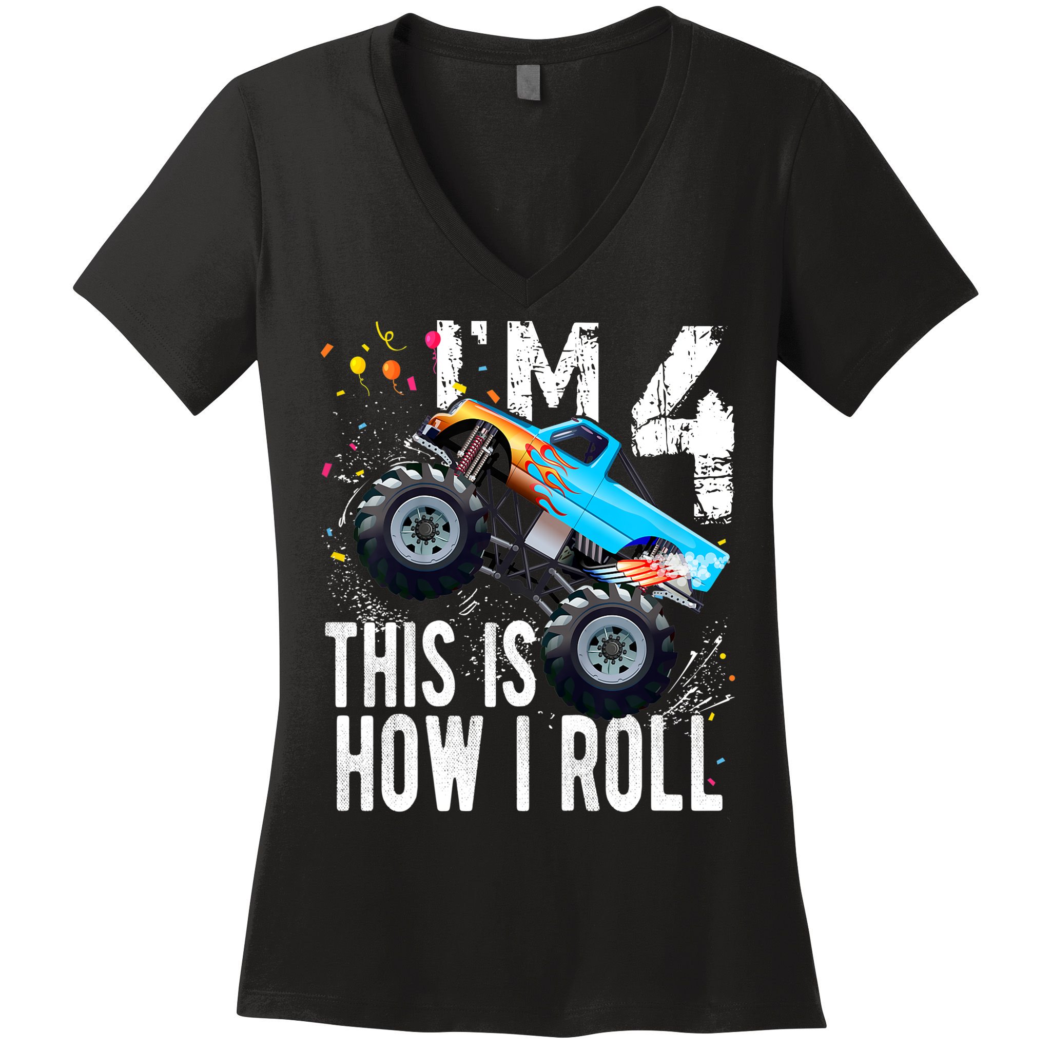 4 Year Old Gift Cool 4th Birthday Boy Gift For Monster Truck Car Lovers Women's V-Neck T-Shirt