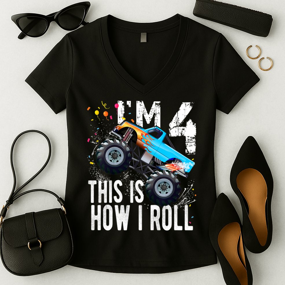 4 Year Old Gift Cool 4th Birthday Boy Gift For Monster Truck Car Lovers Women's V-Neck T-Shirt
