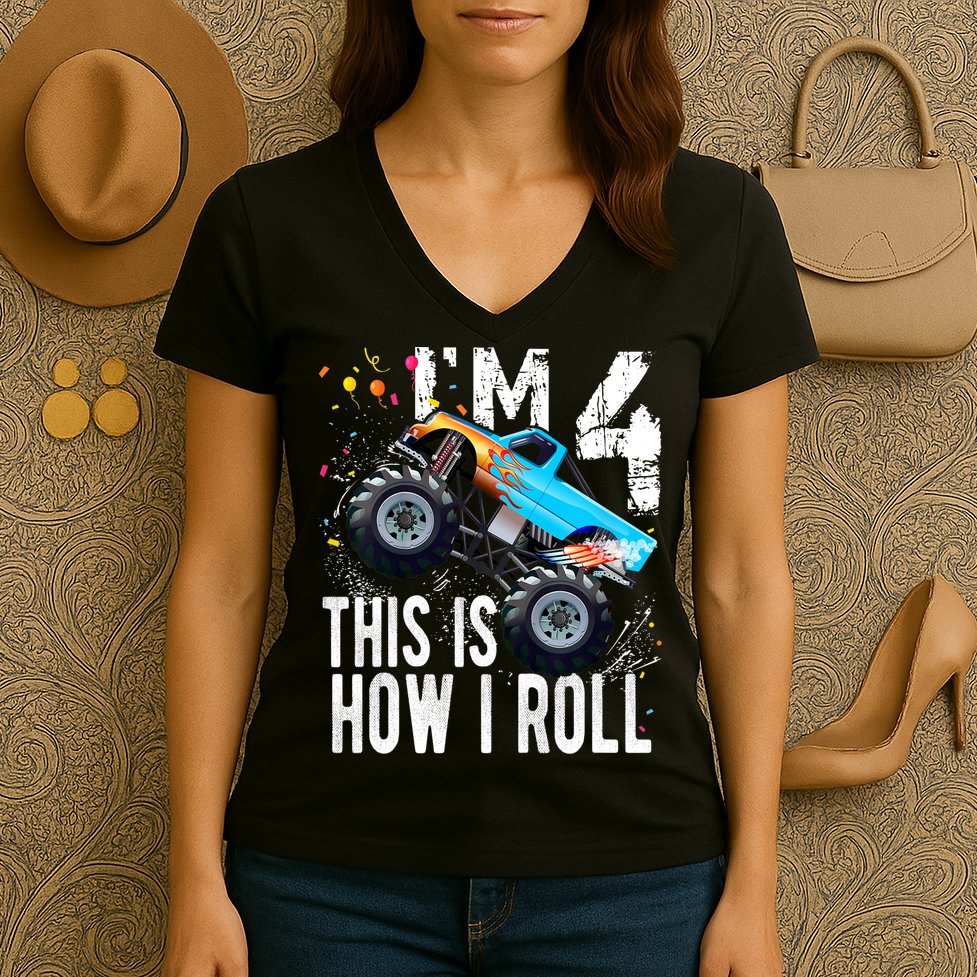 4 Year Old Gift Cool 4th Birthday Boy Gift For Monster Truck Car Lovers Women's V-Neck T-Shirt