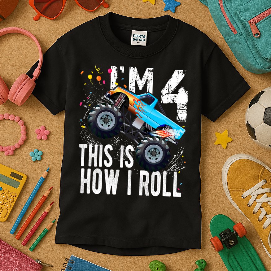 4 Year Old Gift Cool 4th Birthday Boy Gift For Monster Truck Car Lovers Kids T-Shirt
